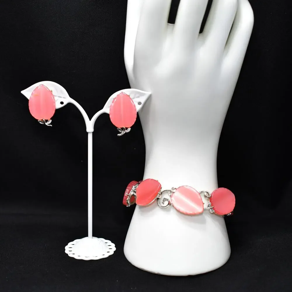 Lisner Pink Lucite Bracelet & Earrings Set Silver Tone 1950s Vintage Jewelry